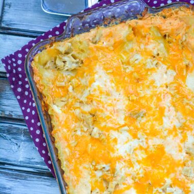 BUFFALO RANCH CHICKEN LASAGNA IN A GLASS BAKING DISH