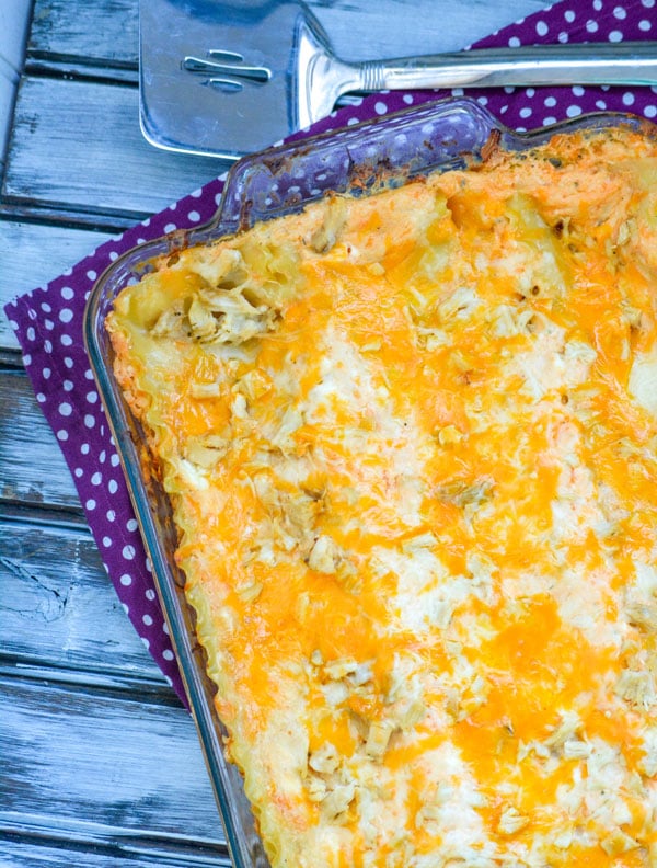 BUFFALO RANCH CHICKEN LASAGNA IN A GLASS BAKING DISH