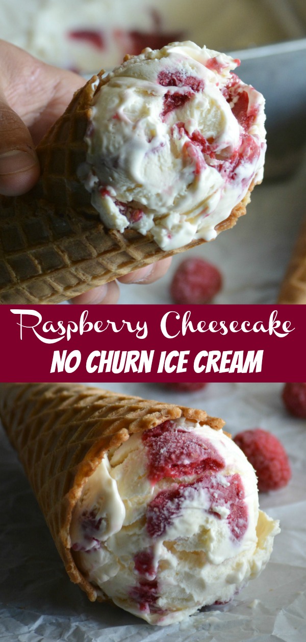 With a simple no churn recipe, you can have ice cream on hand in a a flash. This No Churn Raspberry Cheesecake Ice Cream is everything you want in a delicious dessert- a rich sweetened creamy base, liberally swirled with a fresh homemade raspberry syrup swirl. #raspberry #cheesecake #nochurn #icecream #recipe