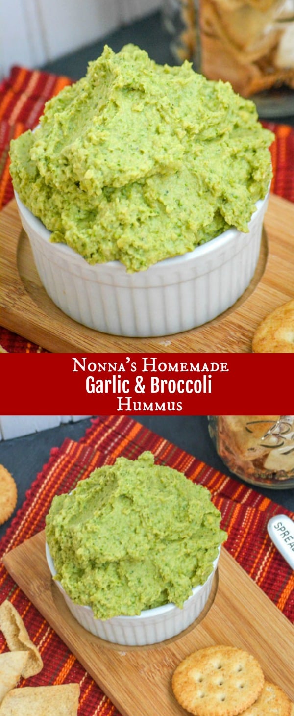 Making your favorite snack is easier than you think. Sneaking a generous helping of healthy greens into this protein packed snack, this Homemade Broccoli Hummus Dip is seasoned with garlic and several others for a perfect blend of rich, creamy, dippable goodness. #nonna #homemade #garlic #broccoli #hummus #dip #healthy #snack