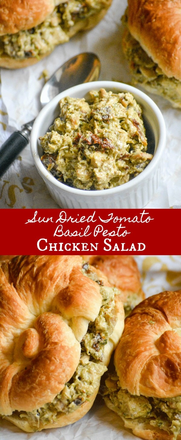 These Sun Dried Tomato Basil Pesto Chicken Salad Sandwiches are quick & easy to whip up, making lunch time a breeze. It’s good, old fashioned comfort food with Italian flair served up on a buttery, flaky croissant roll.