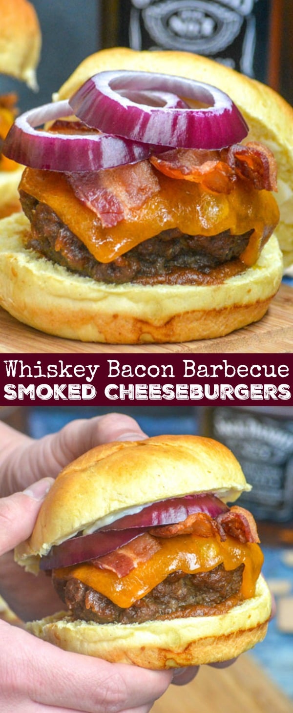 Whiskey infused, tender, smoked burgers are topped with thick slices of cheddar cheese, bright red onion rings, and basted liberally in an easy sweet & savory whiskey-based barbecue sauce. Sandwiched between pillow-y buns- these Pineapple Barbecue Sauce Infused Smoked Whiskey Bacon Cheeseburgers are the burgers to beat all other burgers.