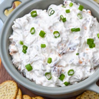 cheddar bacon ranch dip in a gray bowl surrounded by chips and crackers