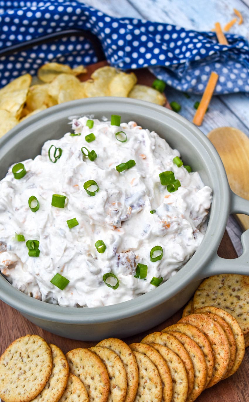 cheddar bacon ranch dip in a gray bowl surrounded by chips and crackers