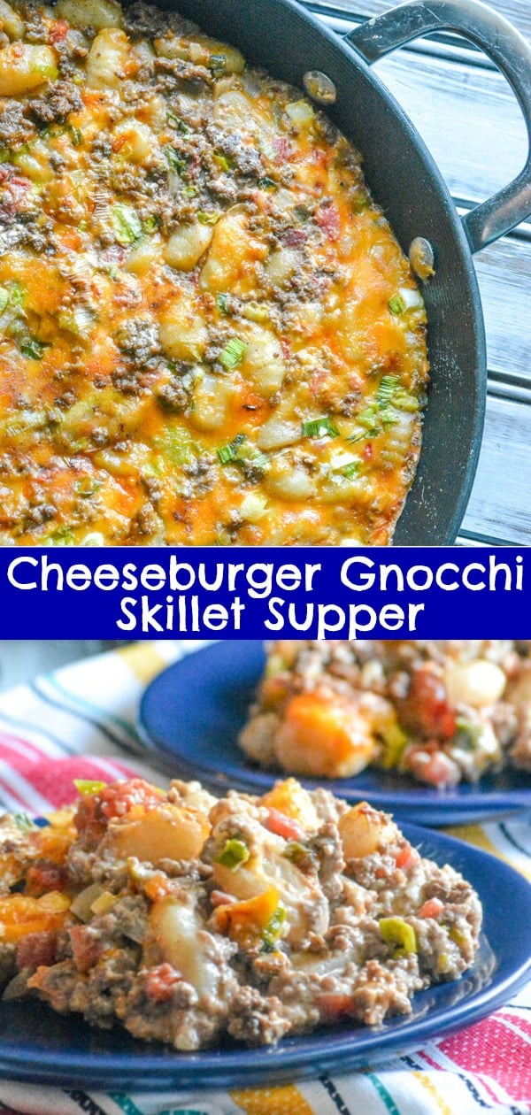 Quick and easy dinner are something we're always on the look out for. Look no further than this yummy Cheeseburger Gnocchi Skillet Dinner, comfort food that's a creamy, dumpling filled spin on an old fav. #cheeseburger #gnocchi #onepot #dinner #quickandeasy #comfortfood