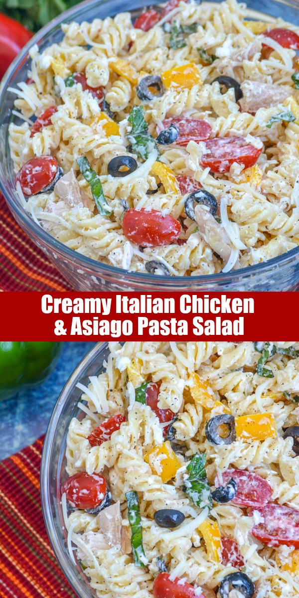This Creamy Italian Chicken & Asiago Pasta Salad makes a perfect Summer meal all in one bowl. Whether served for lunch or dinner, it's full of meat, pasta, and plenty of yummy fresh veggies tossed in a creamy Italian dressing.