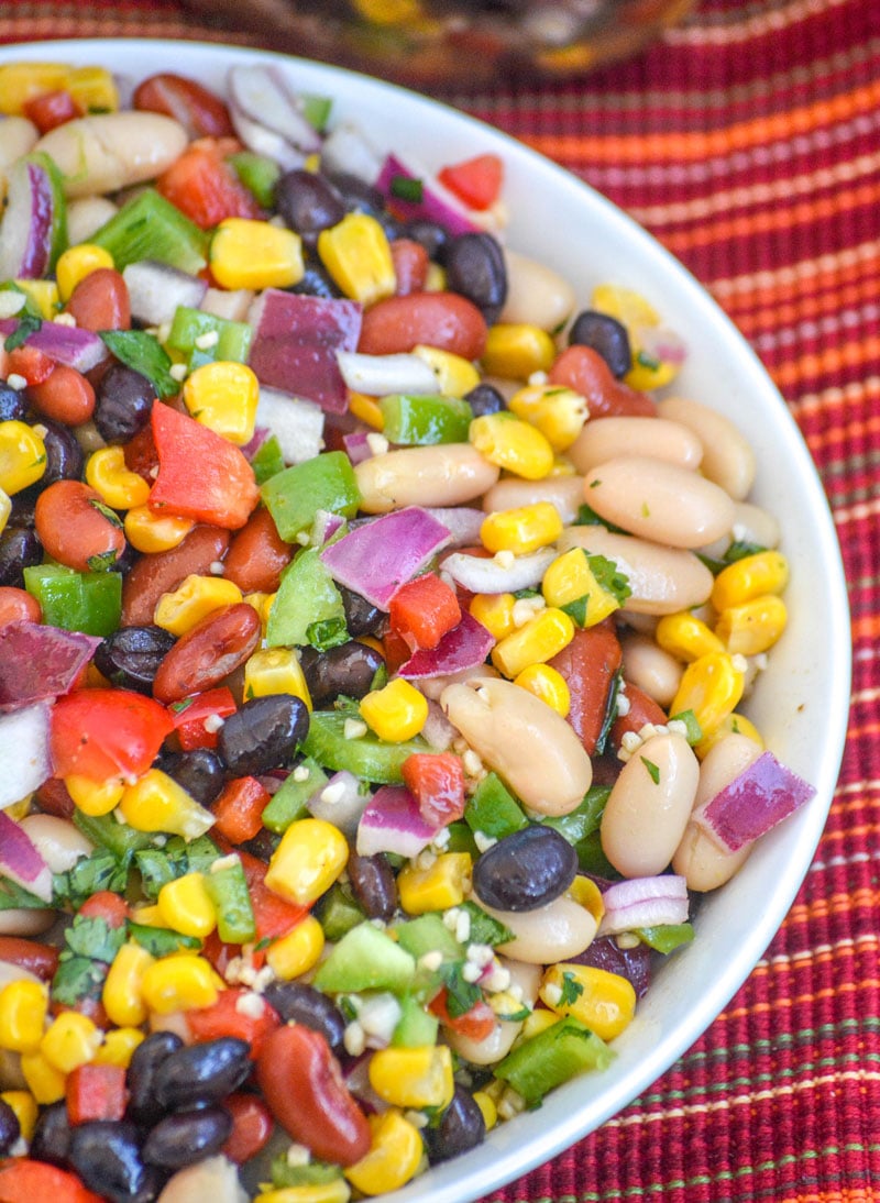 MEXICAN THREE BEAN SALAD IN A WHITE BOWL