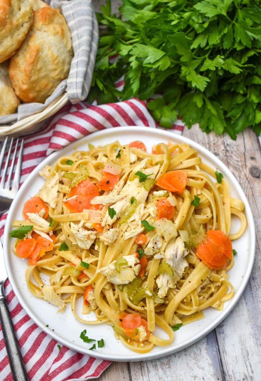 creamy chicken and vegetable pasta on a white plate