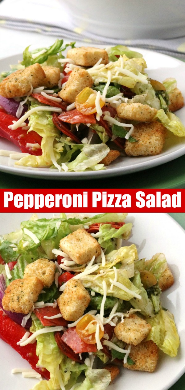 A fresh, bright, healthier dinner option- this Pepperoni Pizza Salad is a filling Summer meal the whole family will fall for. Full of pepperoni, mozzarella cheese, tomatoes, sweet peppers, and onion it's tossed in an Italian style salad dressing. Less calories, less carbs, but the same flavor profile you love & crave. #pepperoni #pizza #salad #dinner #healthy
