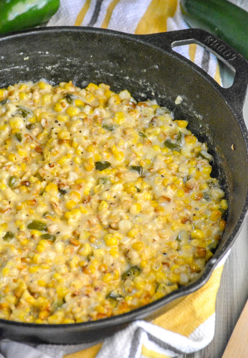 SMOKED JALAPENO CHEDDAR CREAMED CORN IN A CAST IRON SKILLET