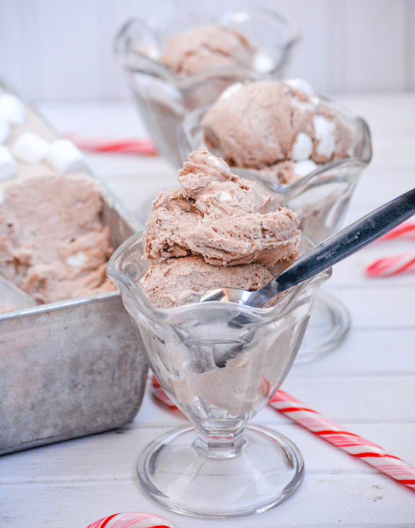 SCOOPS OF NO CHURN HOT CHOCOLATE ICE CREAM IN GLASS ICE CREAM DISHES