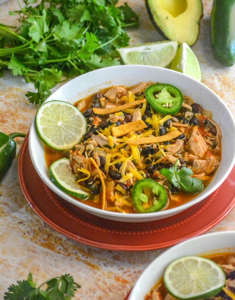 healthy chicken and black bean soup served in a white bowl on top of a red plate