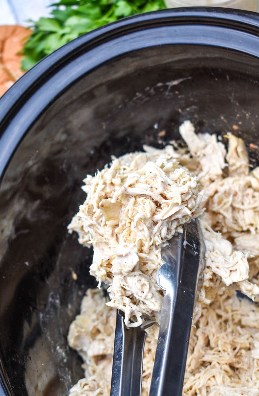 silver tongs holding up a scoop of shredded caesar chicken above a black crock pot