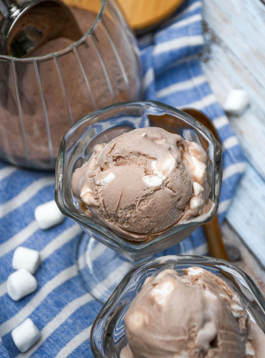 scoops of no churn hot chocolate ice cream in a glass dish