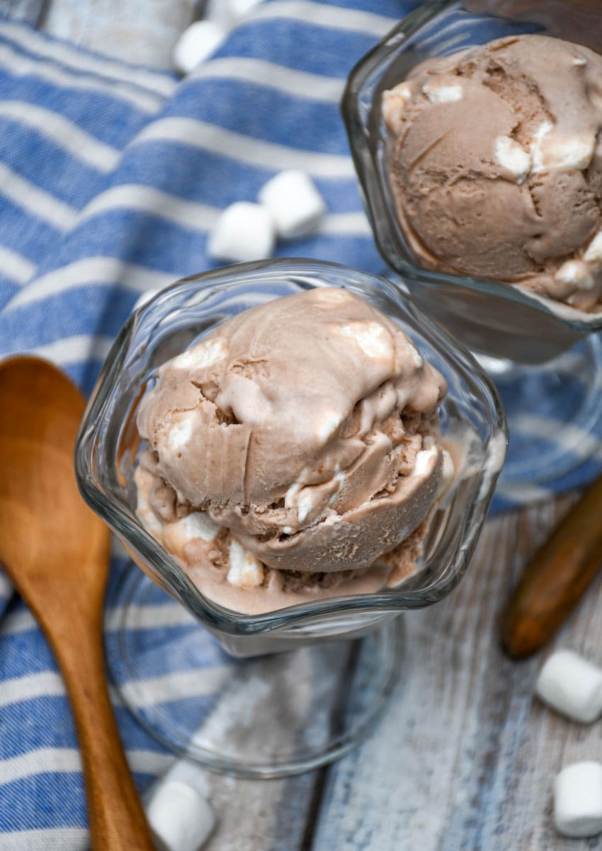 scoops of no churn hot chocolate ice cream in a glass dish