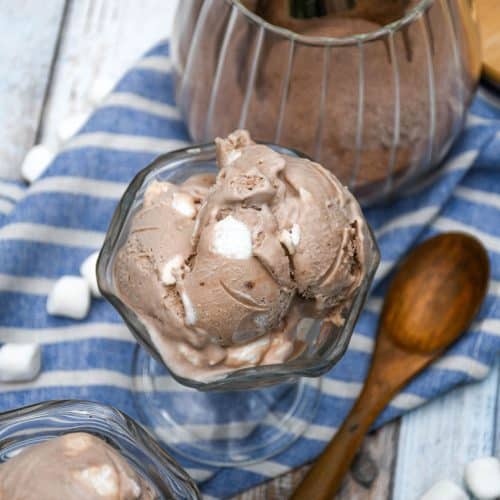scoops of no churn hot chocolate ice cream in a glass dish
