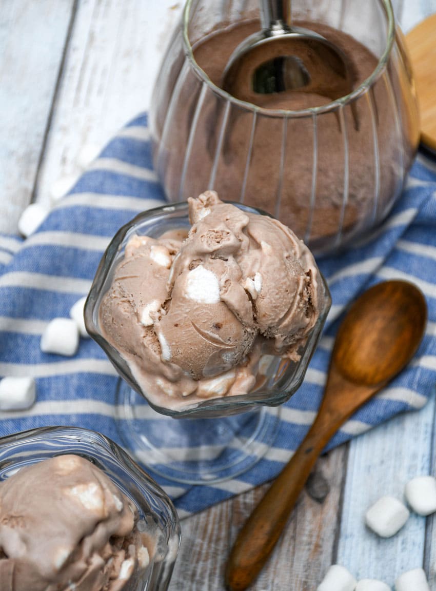 scoops of no churn hot chocolate ice cream in a glass dish