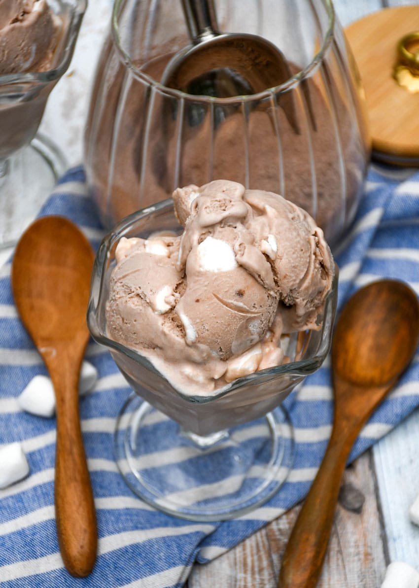 scoops of no churn hot chocolate ice cream in a glass dish