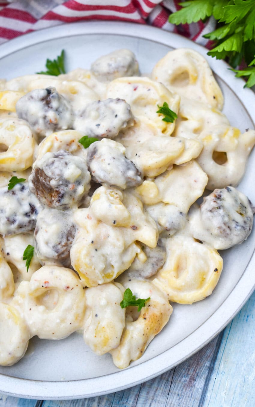 sausage tortellini alfredo on a white plate