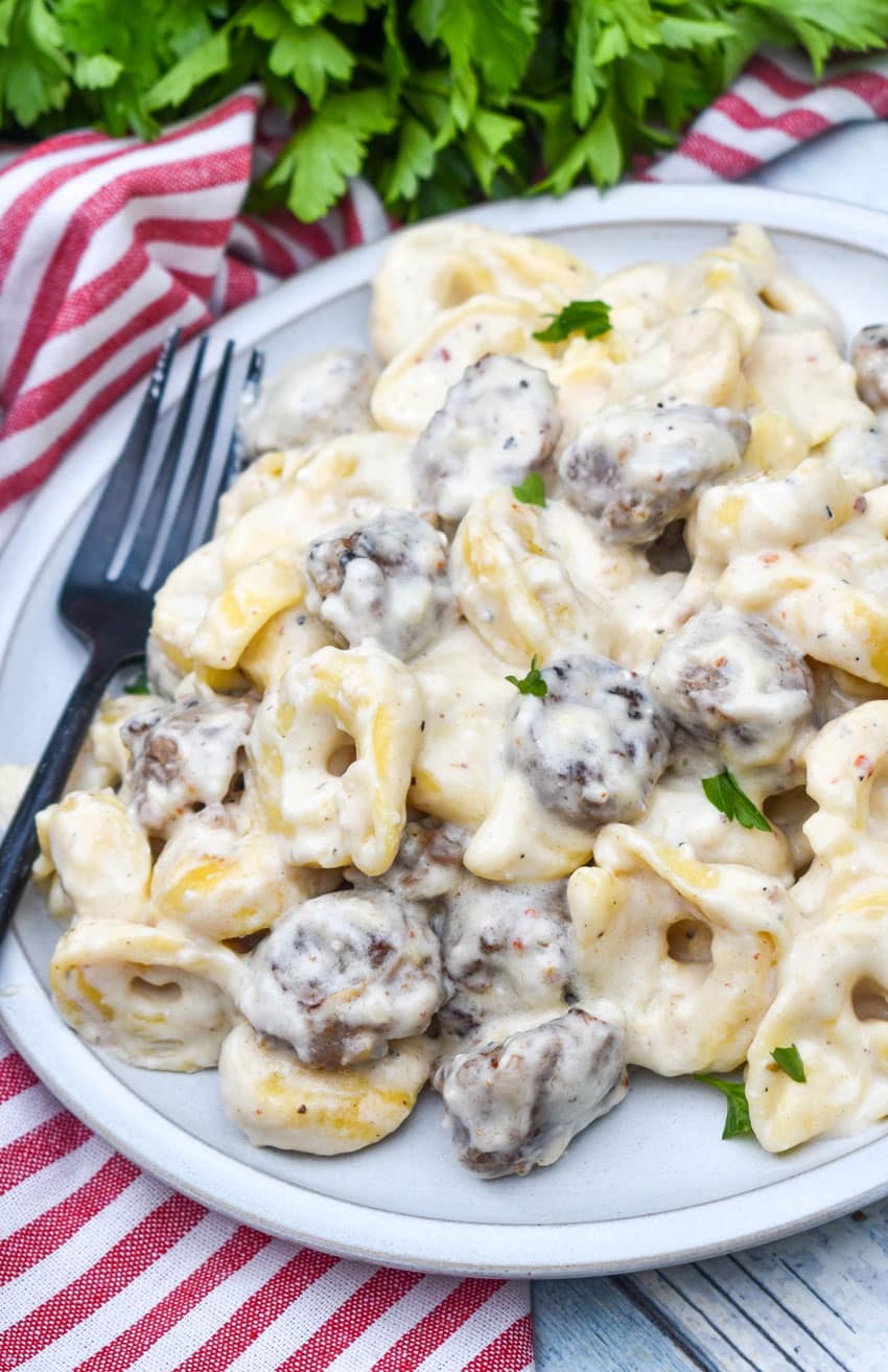 sausage tortellini alfredo on a white plate