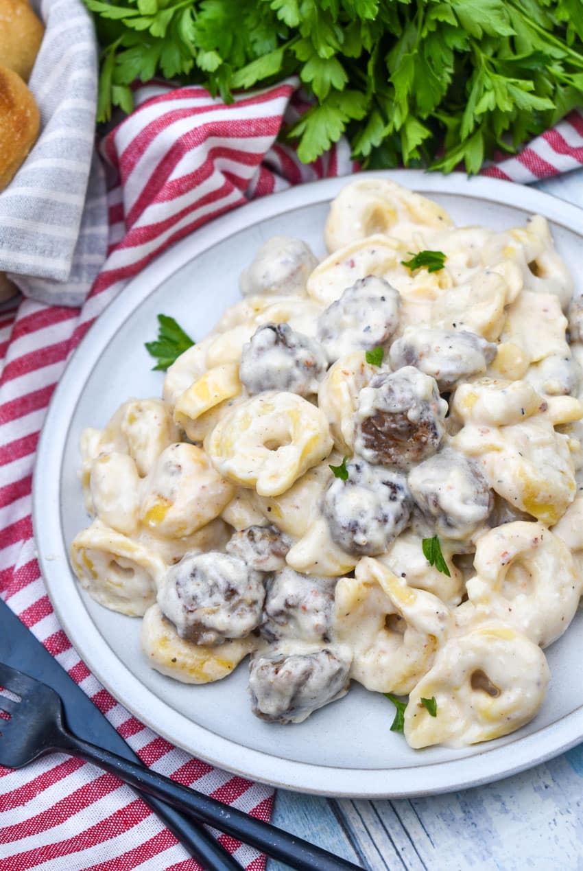 sausage tortellini alfredo on a white plate