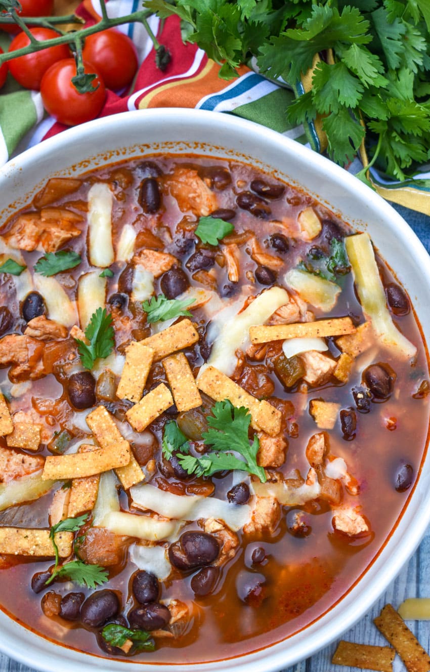 chicken and black bean soup in a large white bowl