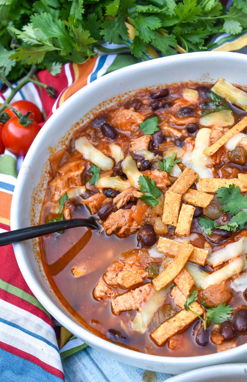 a black spoon scooping chicken and black bean soup out of a large white bowl