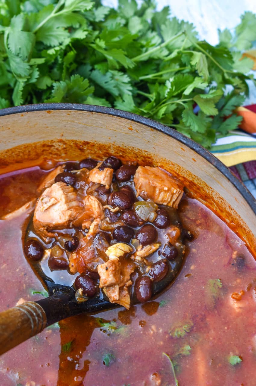 a black ladle scooping chicken and black bean soup out of a large red dutch oven