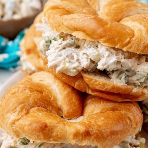 dill pickle chicken salad in croissant roll sandwiches