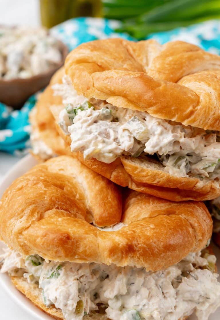 dill pickle chicken salad in croissant roll sandwiches