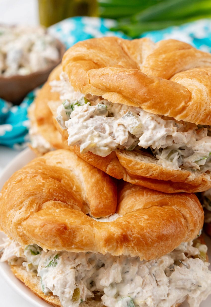 dill pickle chicken salad in croissant roll sandwiches