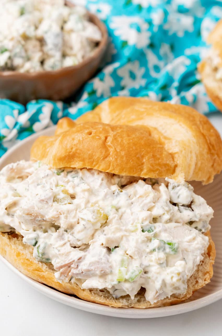 dill pickle chicken salad in croissant roll sandwiches