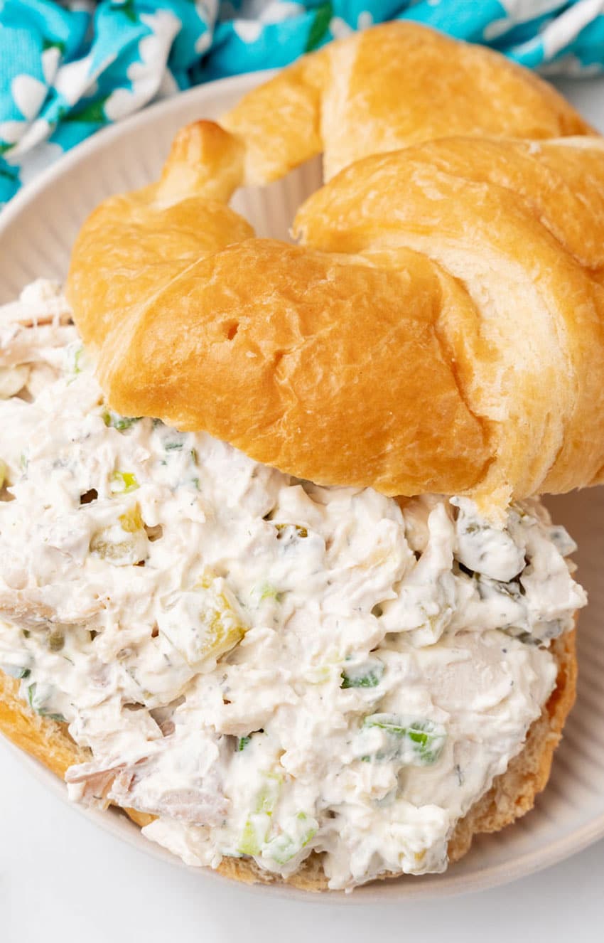 dill pickle chicken salad in croissant roll sandwiches