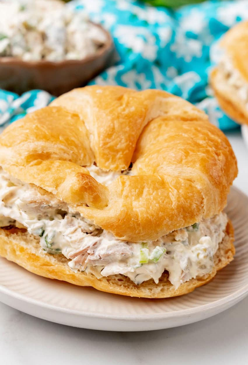 dill pickle chicken salad in croissant roll sandwiches