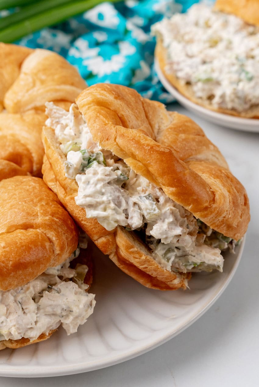 dill pickle chicken salad in croissant roll sandwiches