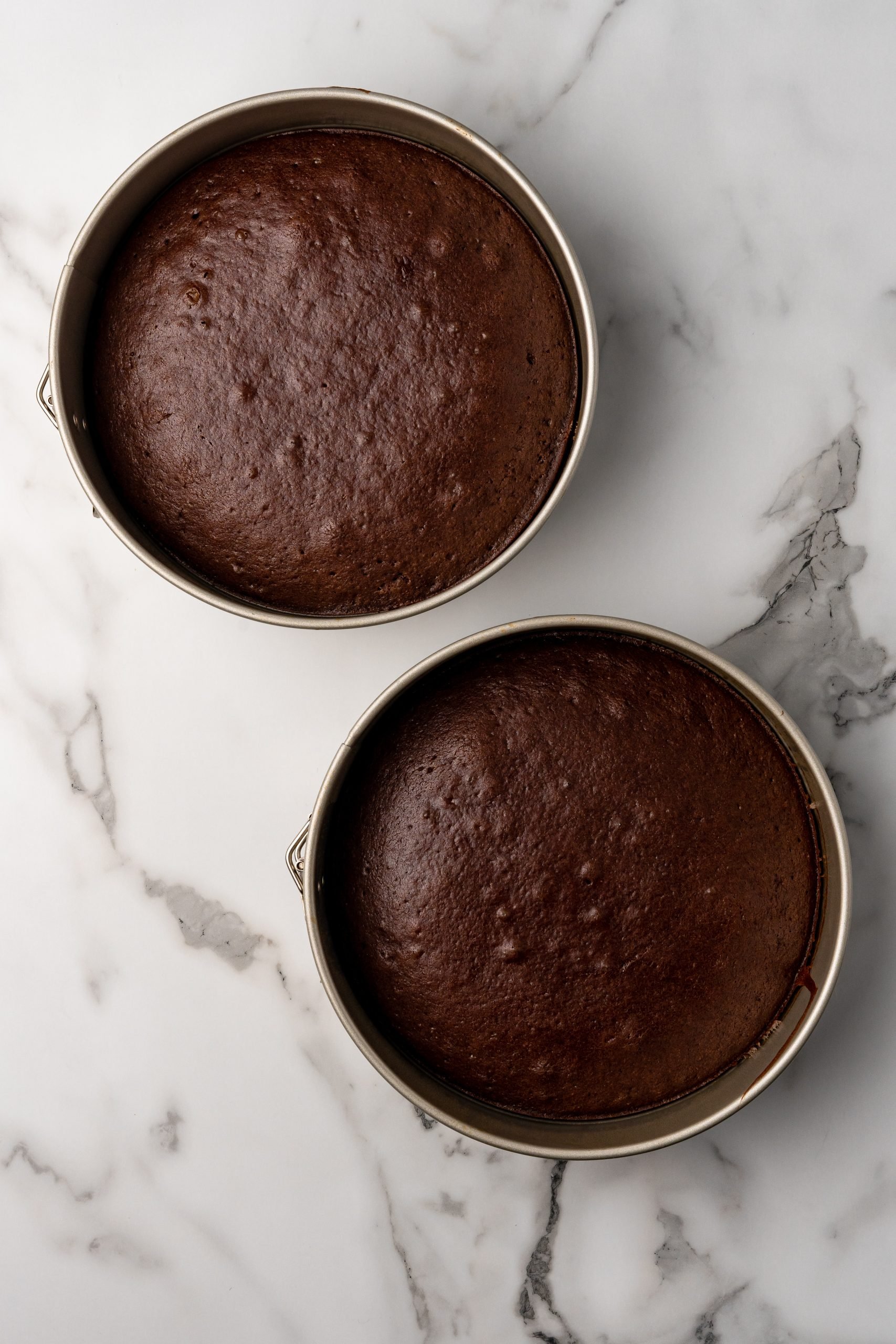 two baked chocolate cakes in 9 inch round cake pans