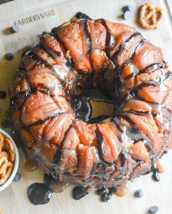 Chocolate Pretzel Monkey Bread with Caramel Sauce Drizzle