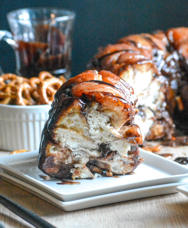 Chocolate Pretzel Monkey Bread with Caramel Sauce Drizzle