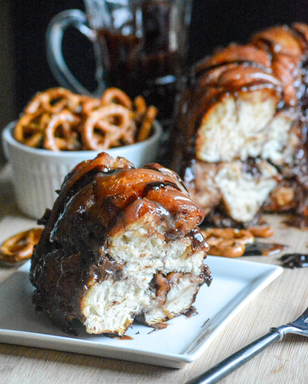 Chocolate Pretzel Monkey Bread with Caramel Sauce Drizzle