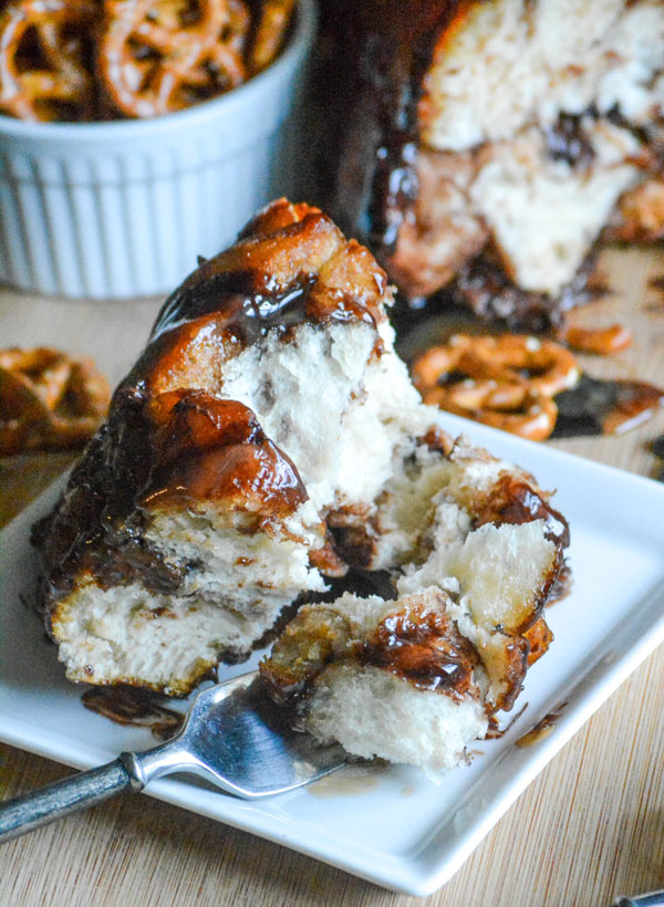 Chocolate Pretzel Monkey Bread with Caramel Sauce Drizzle