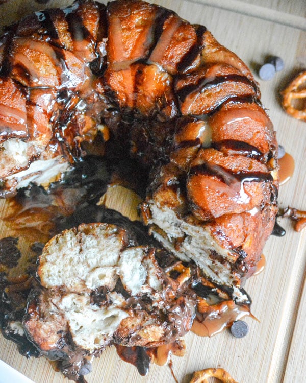 Chocolate Pretzel Monkey Bread with Caramel Sauce Drizzle