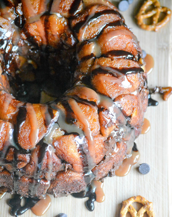 Chocolate Pretzel Monkey Bread with Caramel Sauce Drizzle