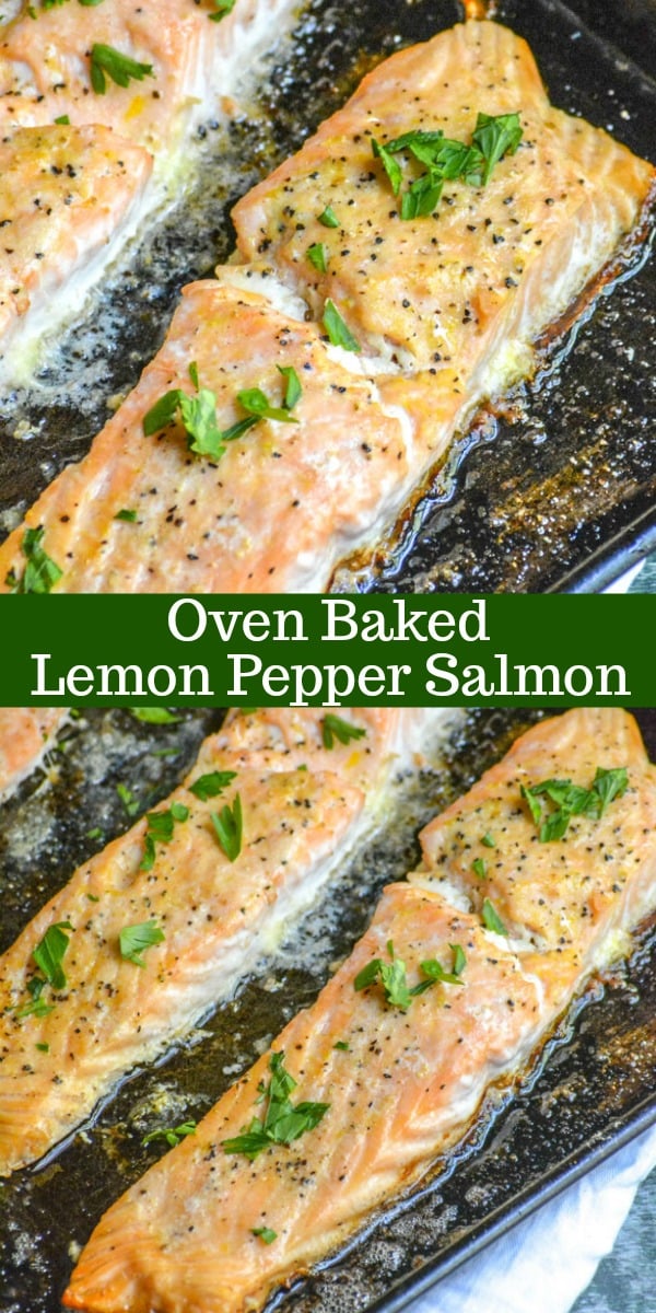 Cooking fish, especially salmon, may seem scary- but it actually doesn't get any easier than with this Oven Baked Buttery Lemon Pepper Salmon. A seasoned salmon dinner is only 20 minutes away with this delicious sheet pan recipe.