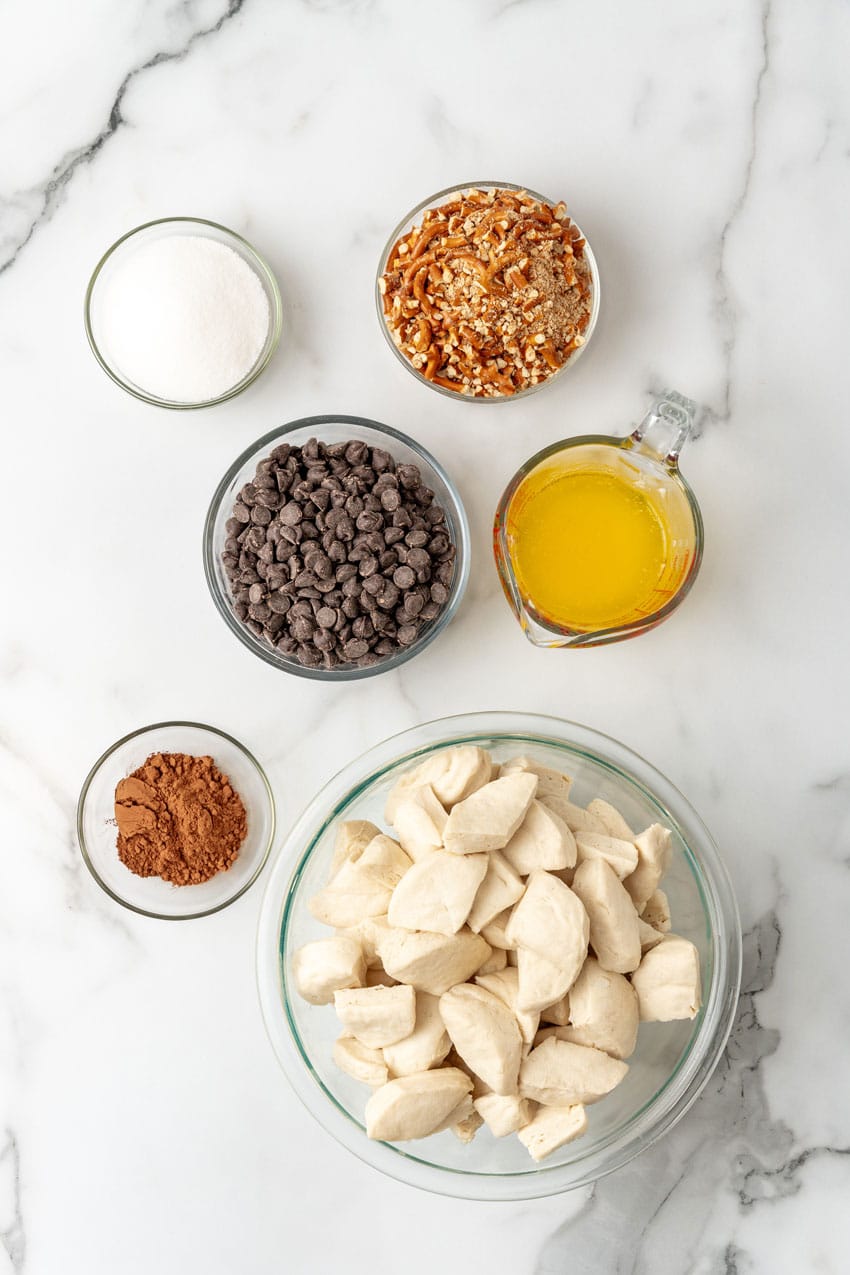 an overhead image showing the measured ingredients needed to make a batch of chocolate monkey bread