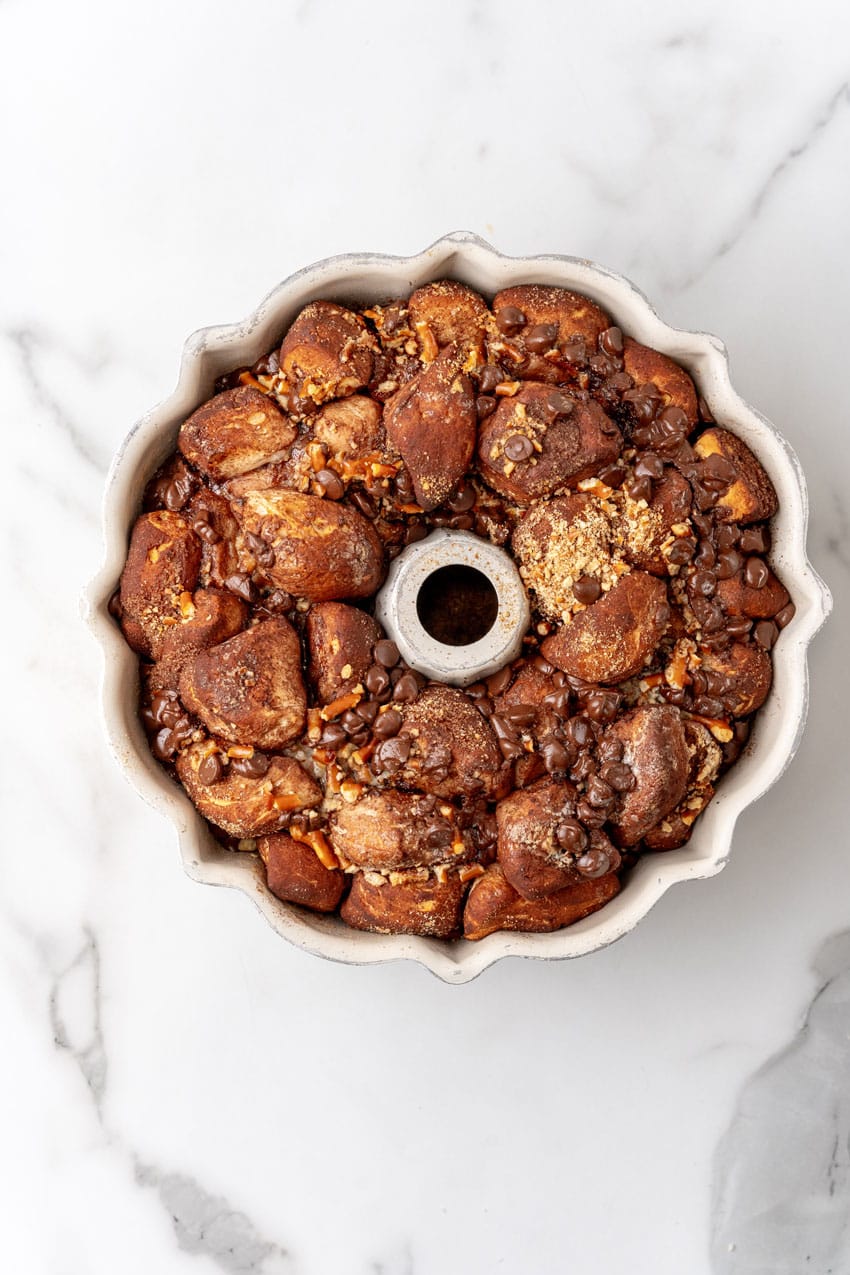 baked chocolate monkey bread in a white bundt pan