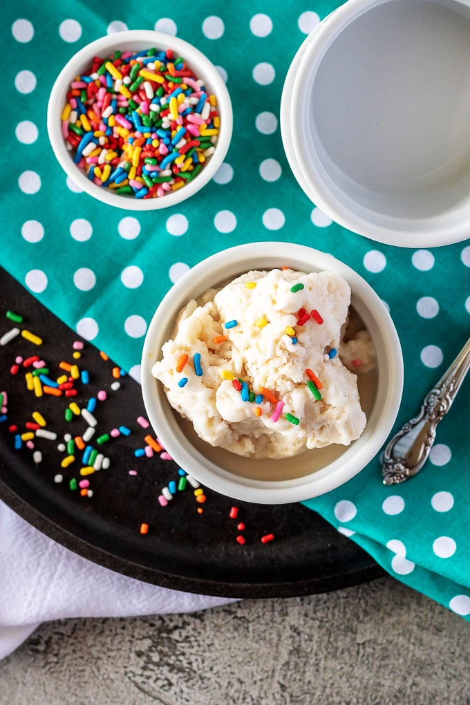 5 Minute Ice Cream In A Bag shown in a white ramekin with sprinkles