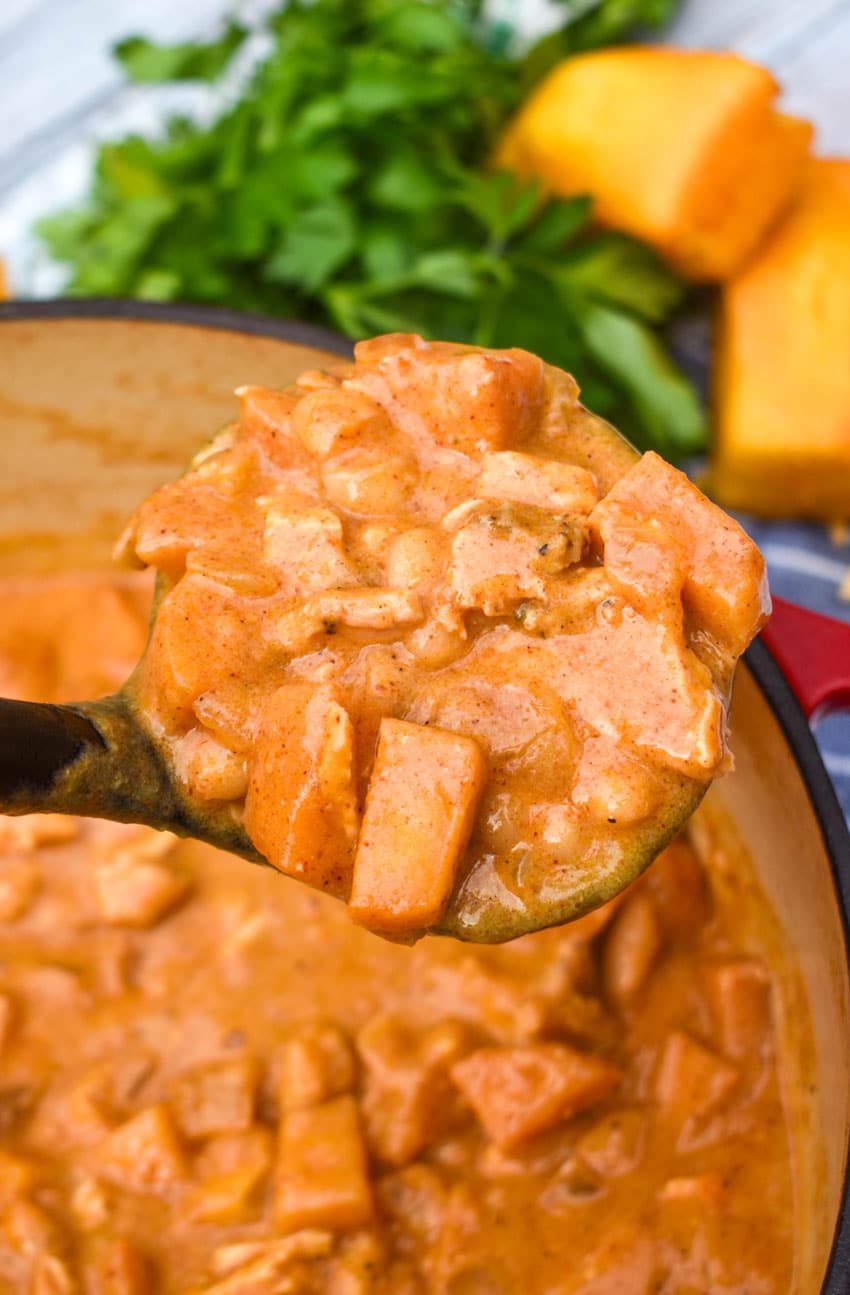 a black spatula holding up a scoop of white cheddar chicken apple chili