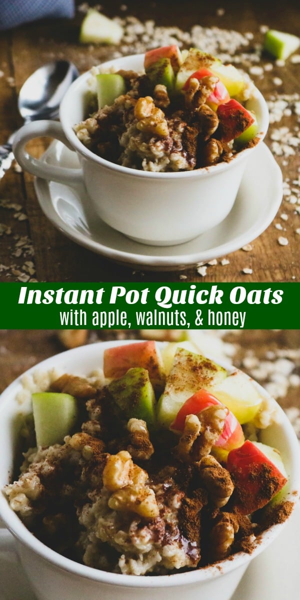 Looking for something more filling than a cold bowl of cereal, or heartier than frozen pastries for busy breakfasts? These Instant Pot Quick Oats with Apples, Walnuts, & Honey are a healthy, easily customizable way to start the day and make everyone happy, and in 5 minutes no less.