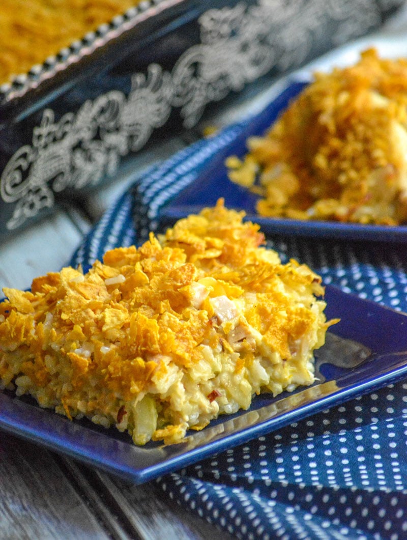 rotisserie chicken & rice casserole served on a small blue square plate