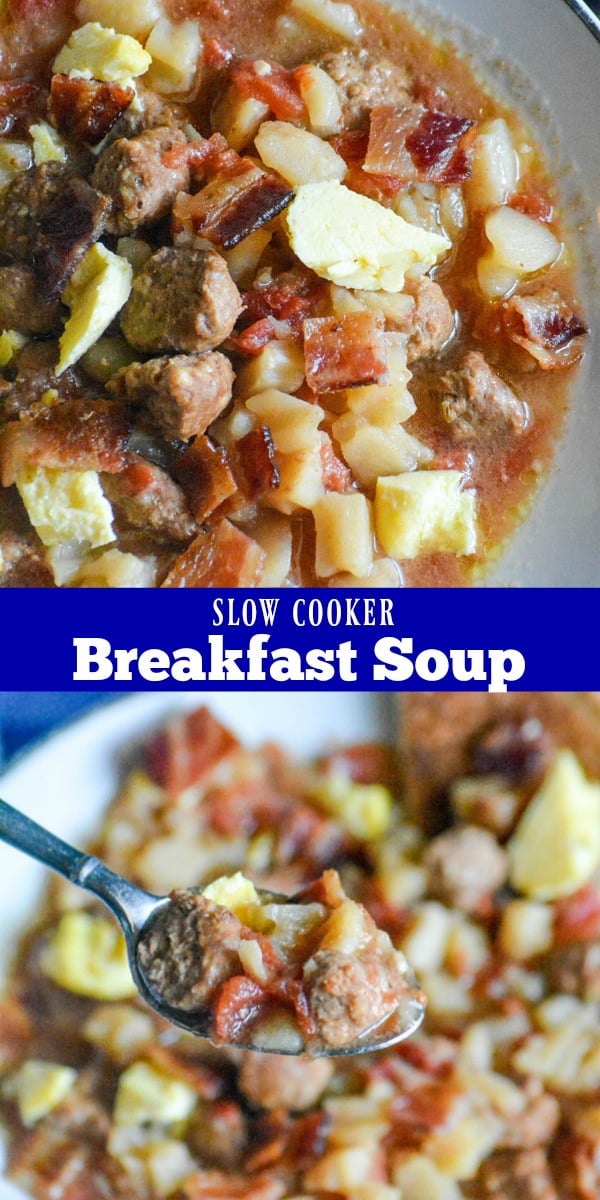 Looking for a way to get all of your breakfast favorites in one easy meal? One that doesn’t require any work on your part in the morning? This Slow Cooker Breakfast Soup is a savory, slightly sweet soup studded with breakfast sausage, potatoes, and tomatoes- and topped with fluffy scrambled eggs & crisp, crumbled bacon. It’s sure to make any morning a good one!